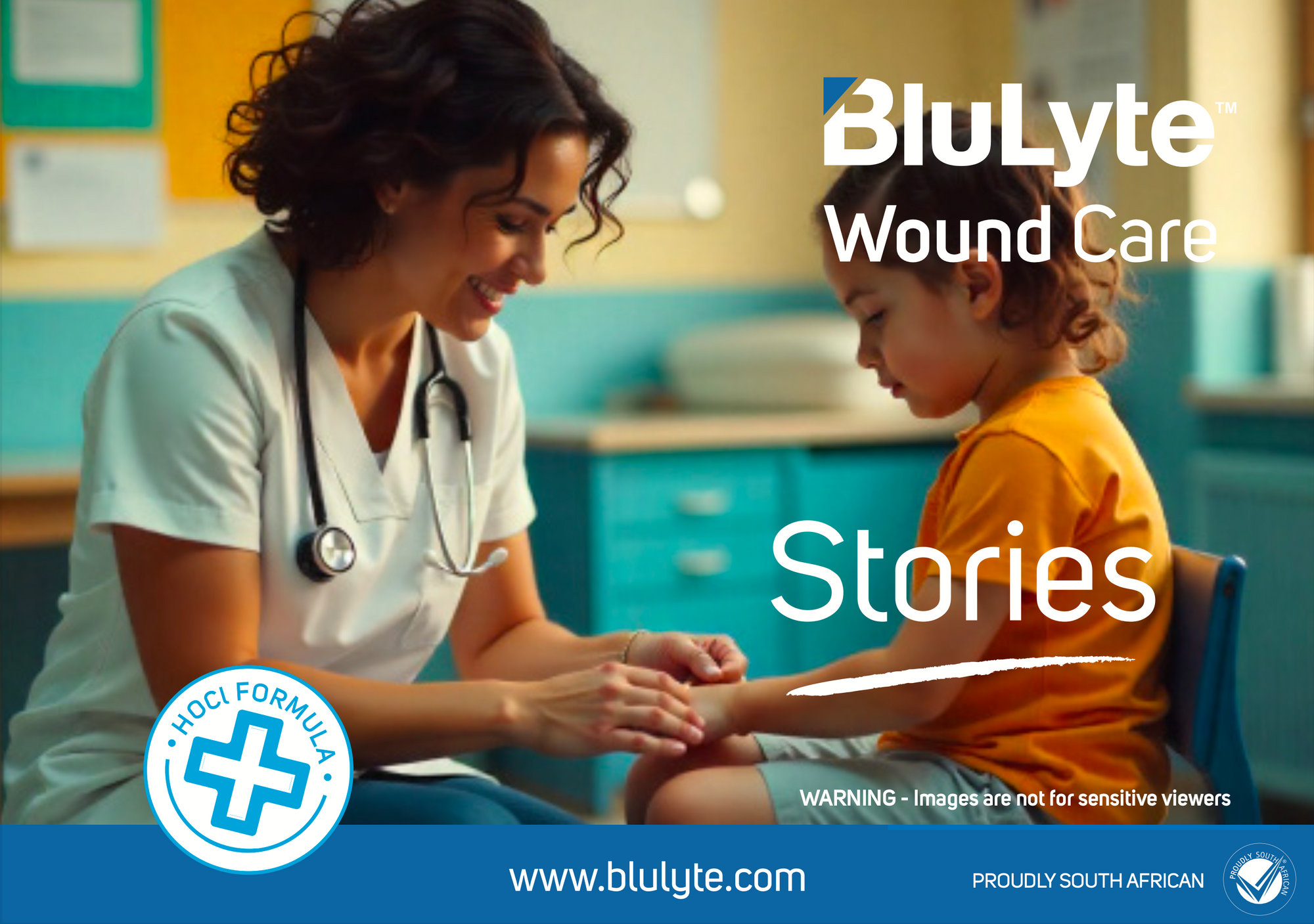 Nurse interacting with a child in a clinical setting, with BluLyte Wound Care branding. Hypochlorous Acid